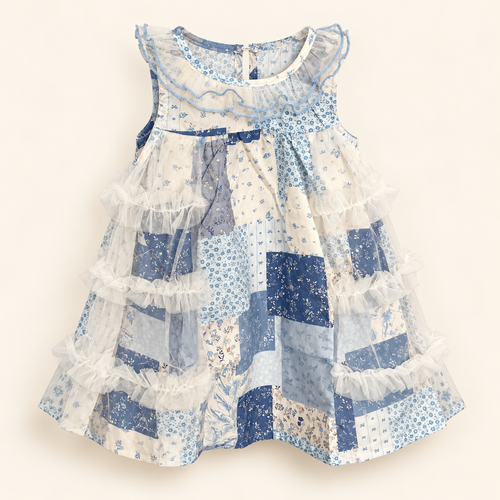 Blue Floral Patchwork Tulle Dress, front product photograph.