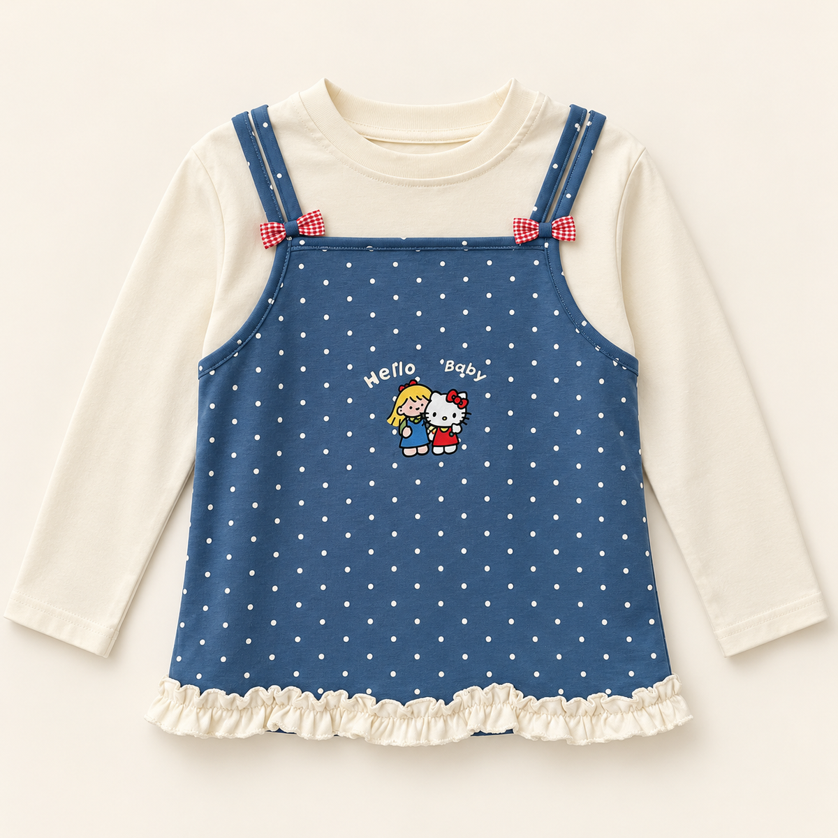 Blue Polka Dot Layered-Look Long Sleeve Top, front product photograph.