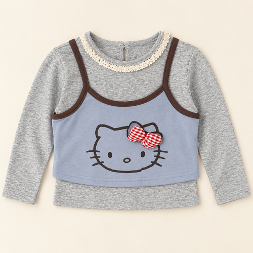 Blue cat bow layered-look long sleeve top, front view.