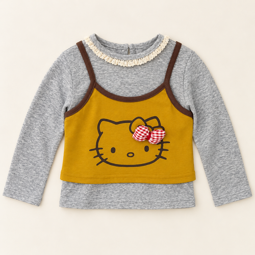 Yellow cat bow layered-look long sleeve top, front view.