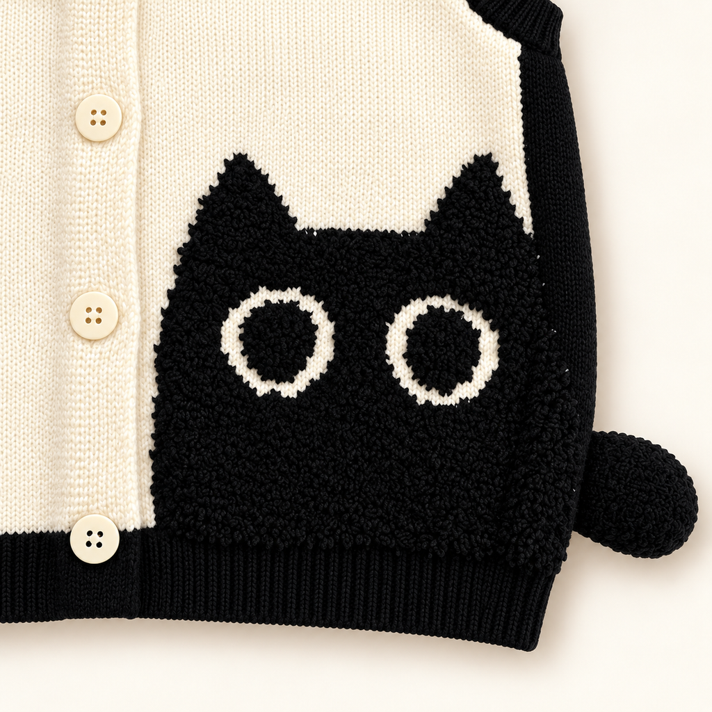 Close-up of black cat motif and tail on ivory knit vest