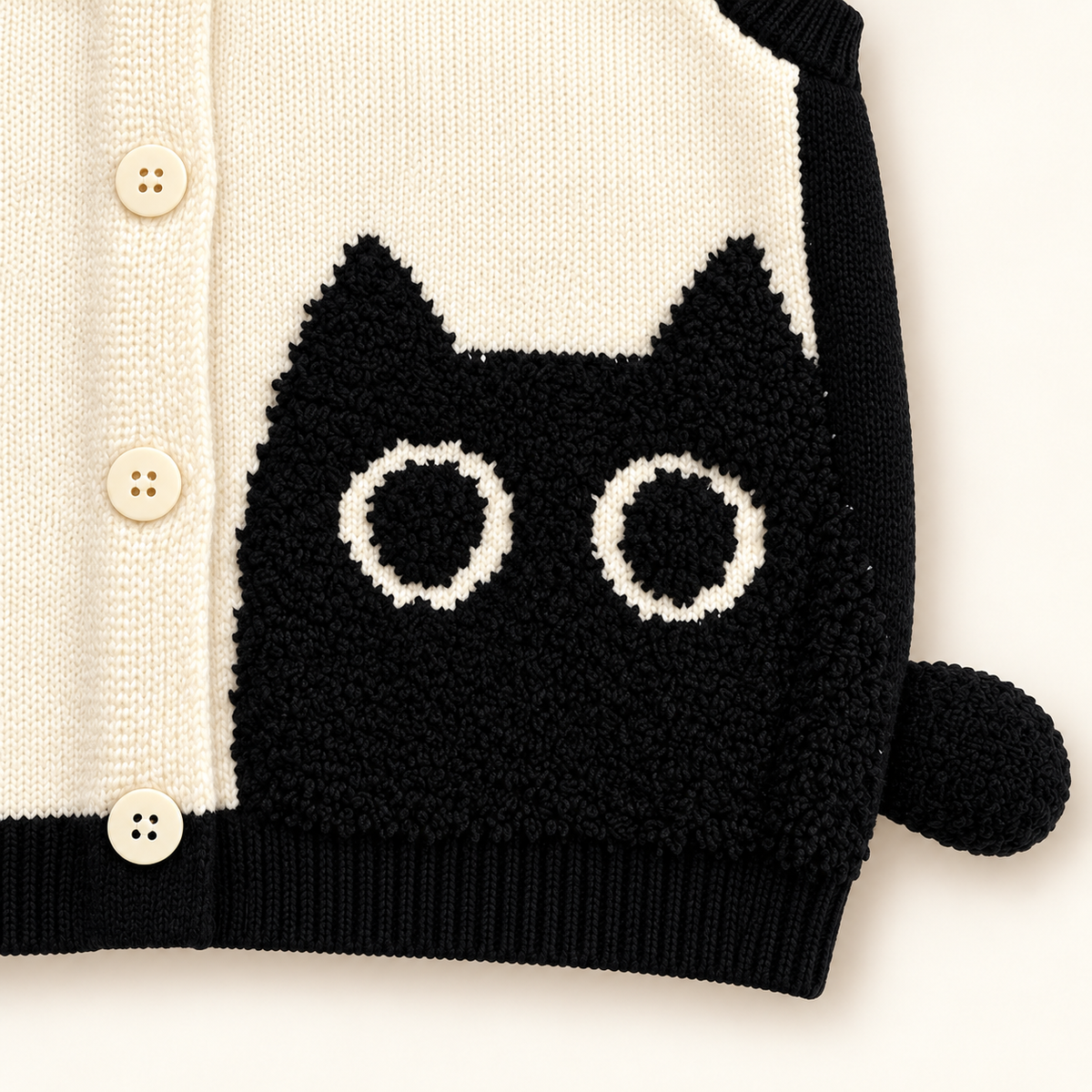 Close-up of black cat motif and tail on ivory knit vest