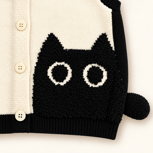 Close-up of black cat motif and tail on ivory knit vest