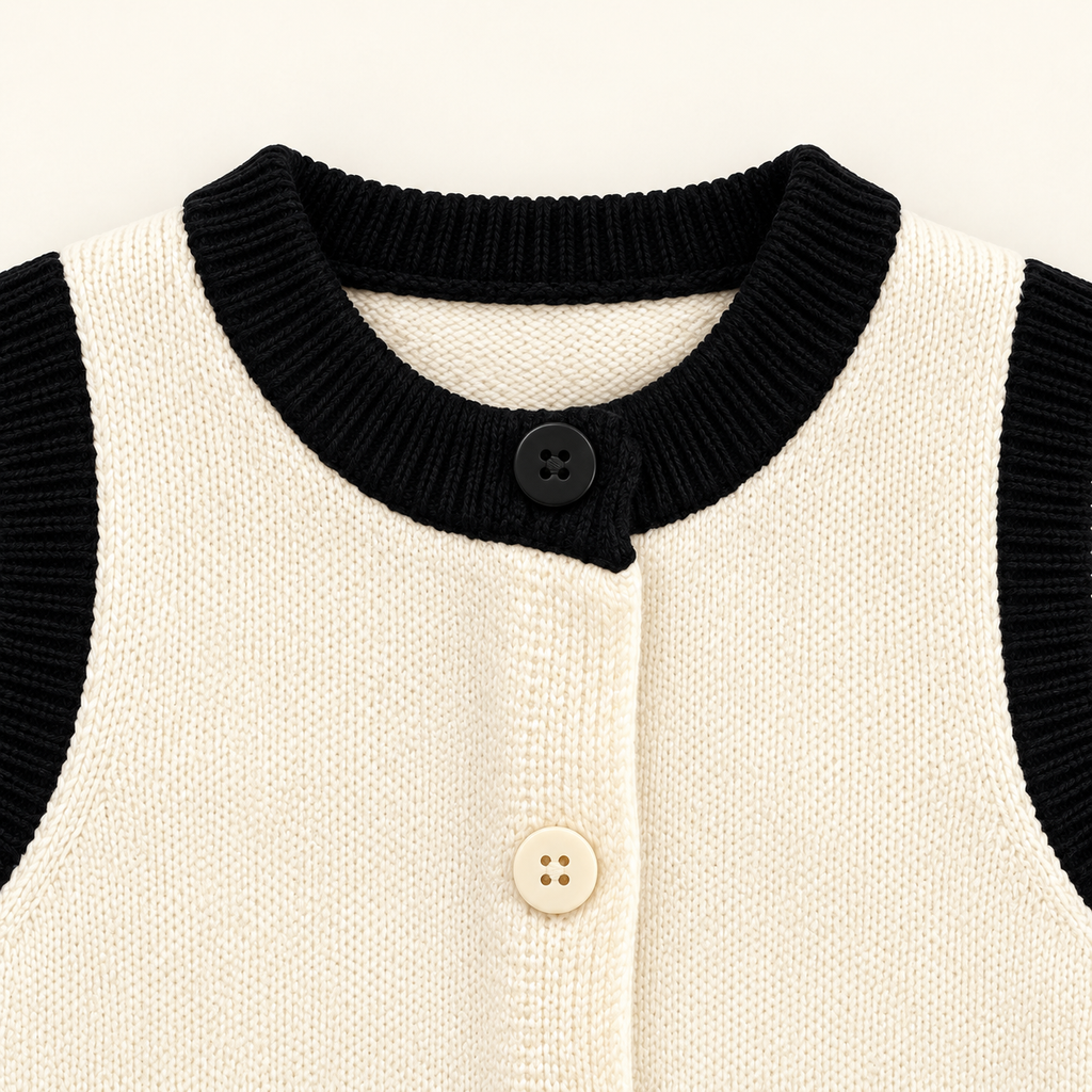 Black ribbed neckline and button detail on ivory cat knit vest