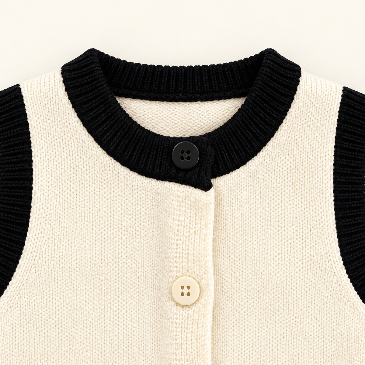Black ribbed neckline and button detail on ivory cat knit vest