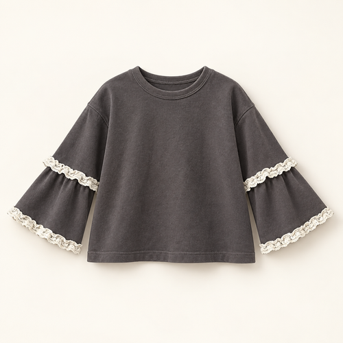 Charcoal-grey children's top with ivory lace-trimmed layered sleeves.