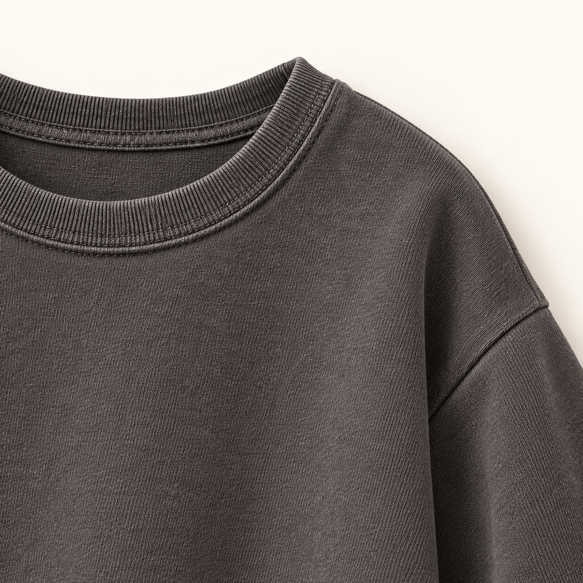 Charcoal Lace-Trim Sleeve Top — round charcoal neckline and dropped shoulder seam, no label or extra closure