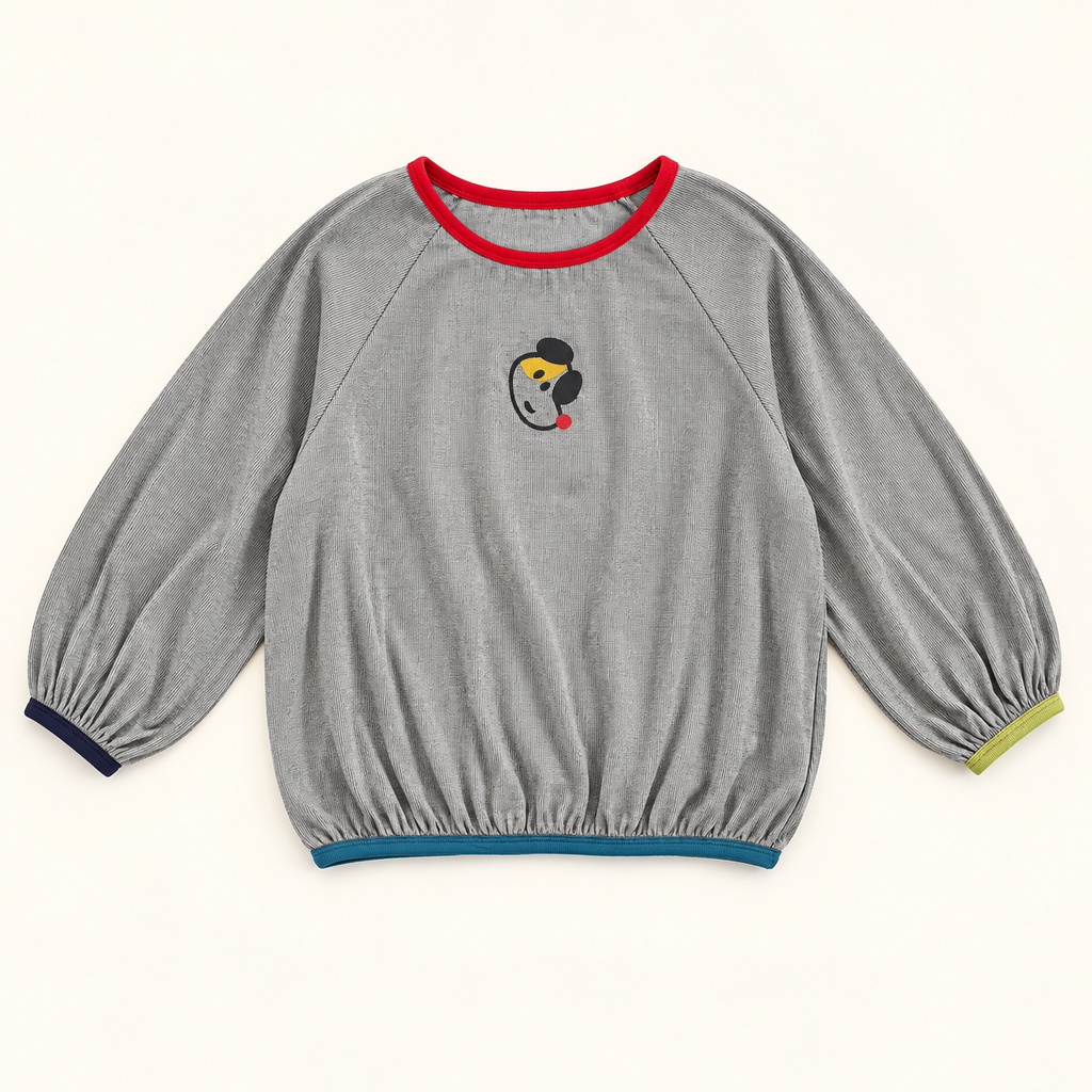 Grey long sleeve top with red neckline, navy and lime cuffs, teal hem and small chest motif.