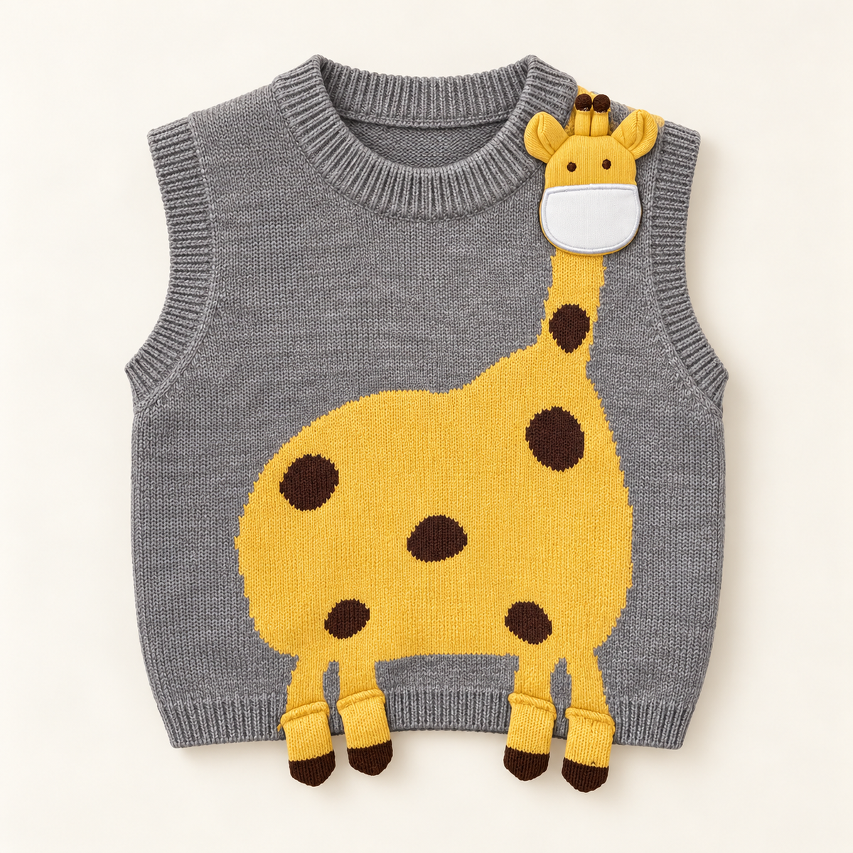 Grey Giraffe Knit Vest, front product photograph.