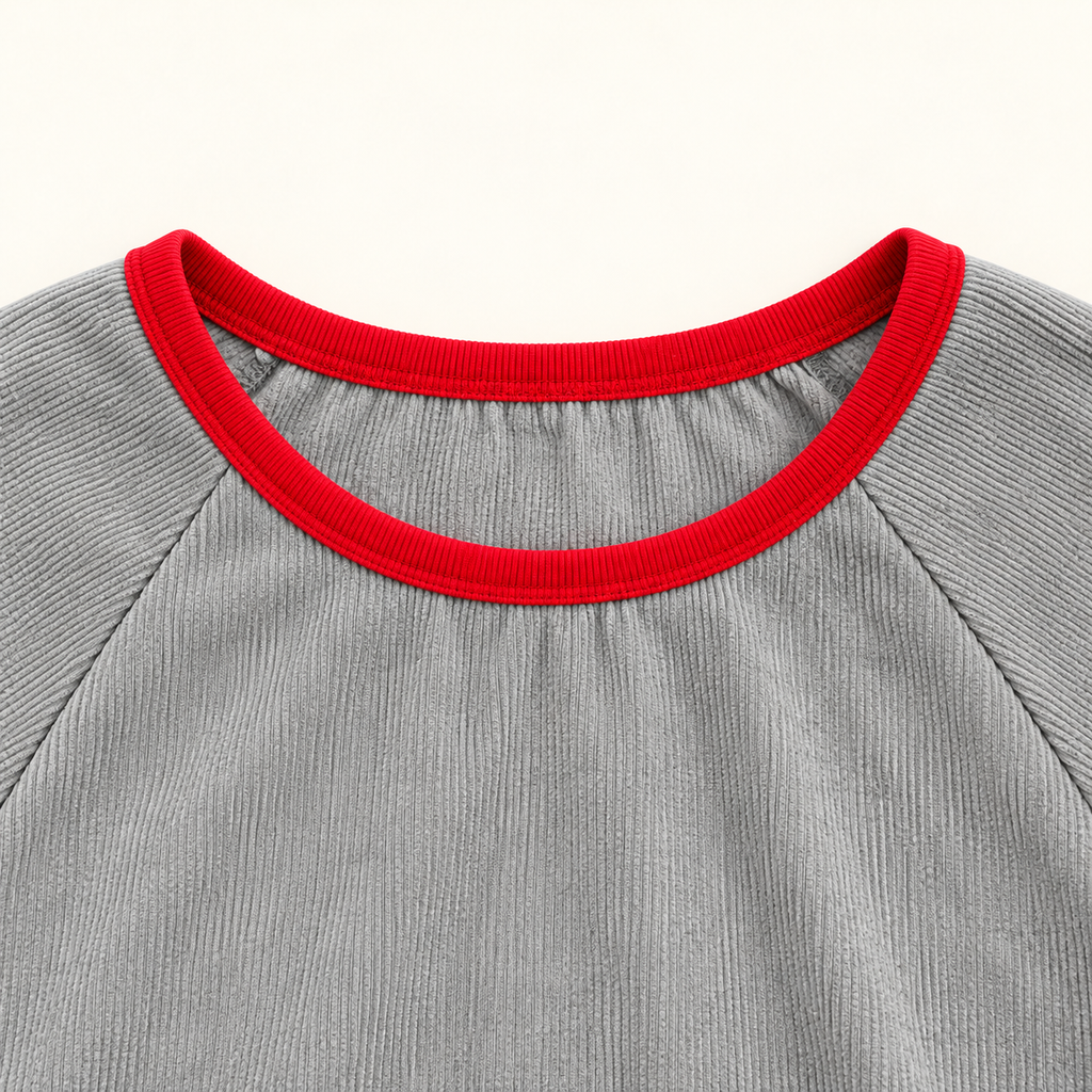 Grey contrast trim top red neckline and raglan seam detail.