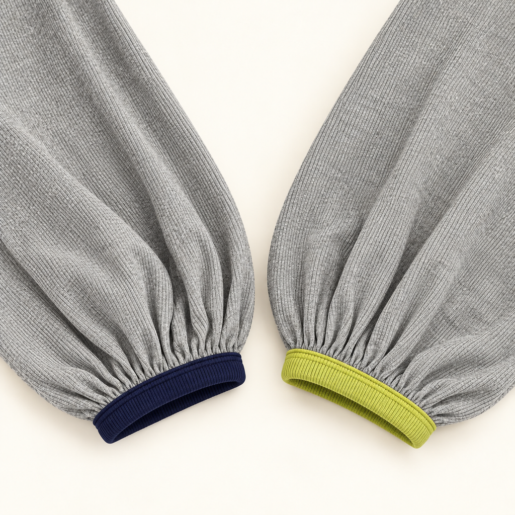 Grey contrast trim top navy and lime gathered cuffs detail.