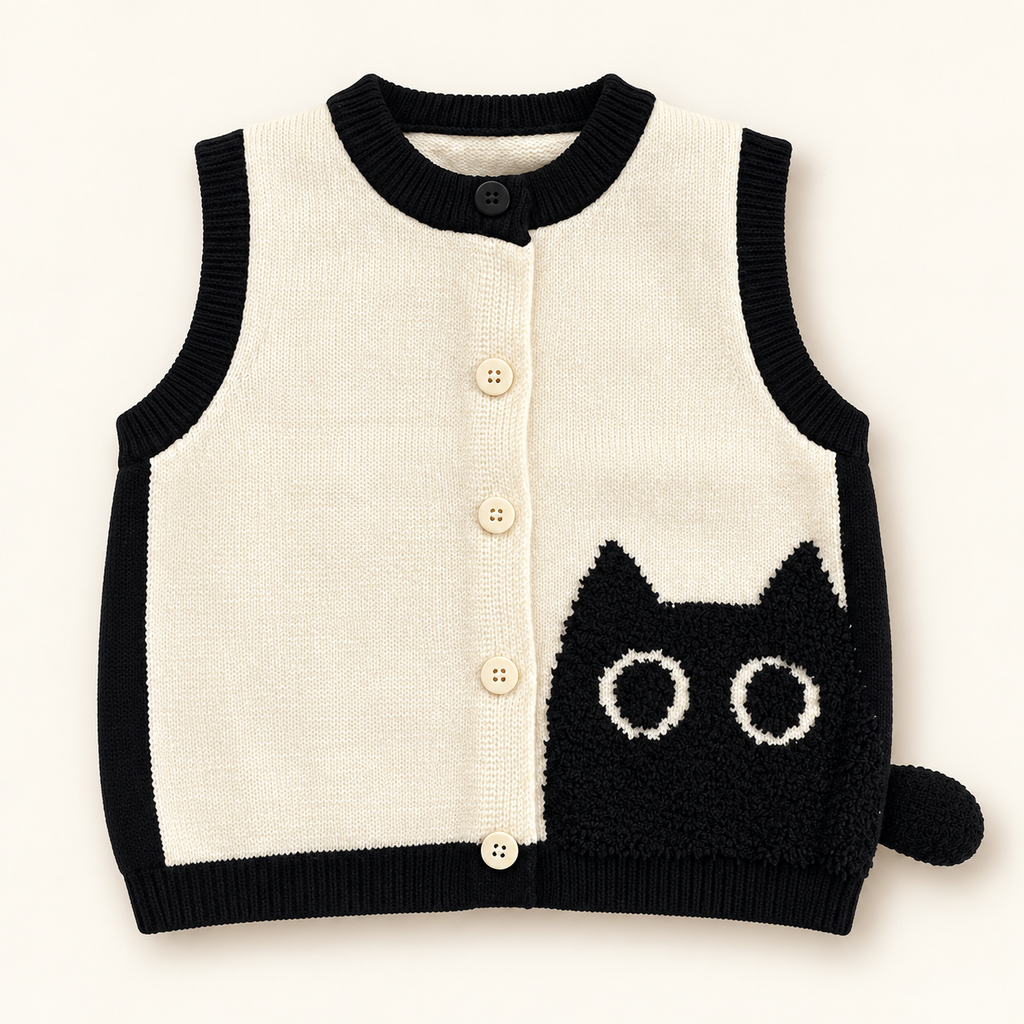 Ivory and black children's button-front knit vest with cat detail