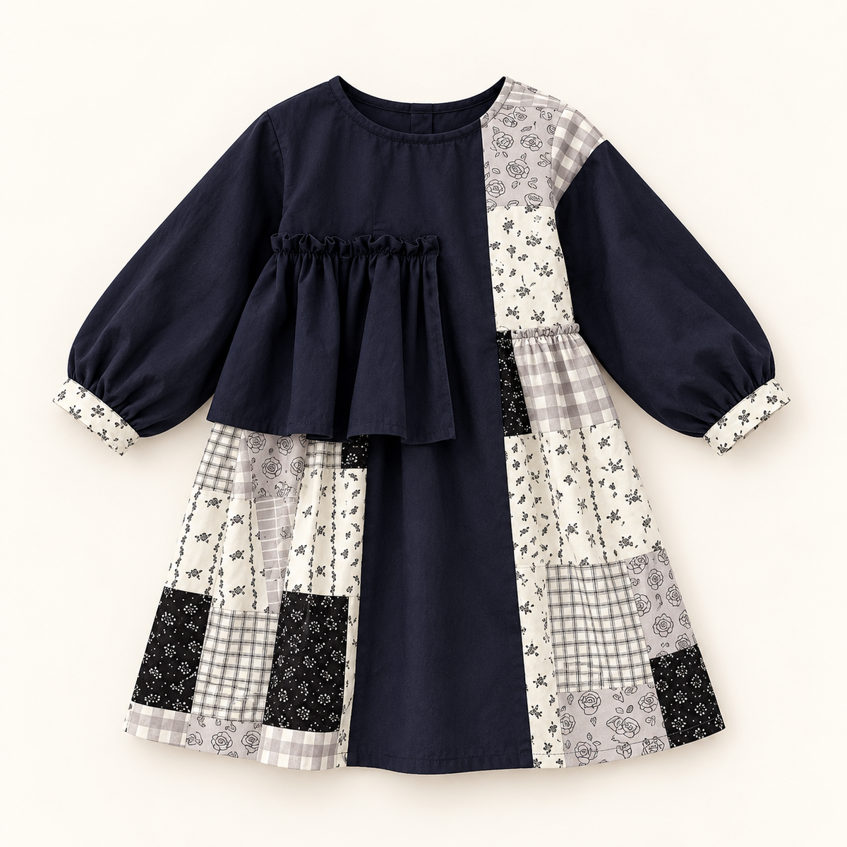 Navy patchwork ruffle dress, full-length front product photo.