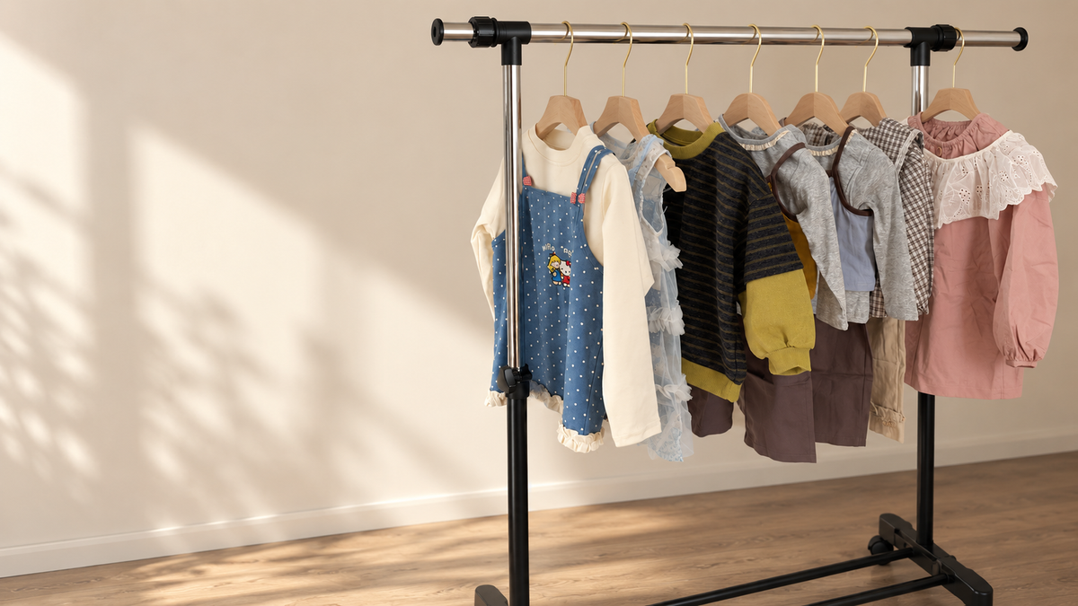 Nikki Studio children's clothing collection on a wooden hanger rack