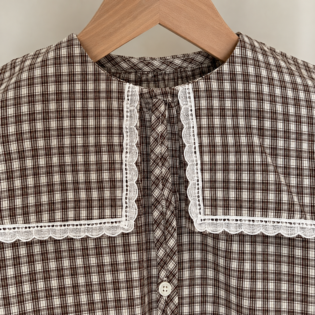 Plaid blouse oversized square collar with white scalloped lace detail.
