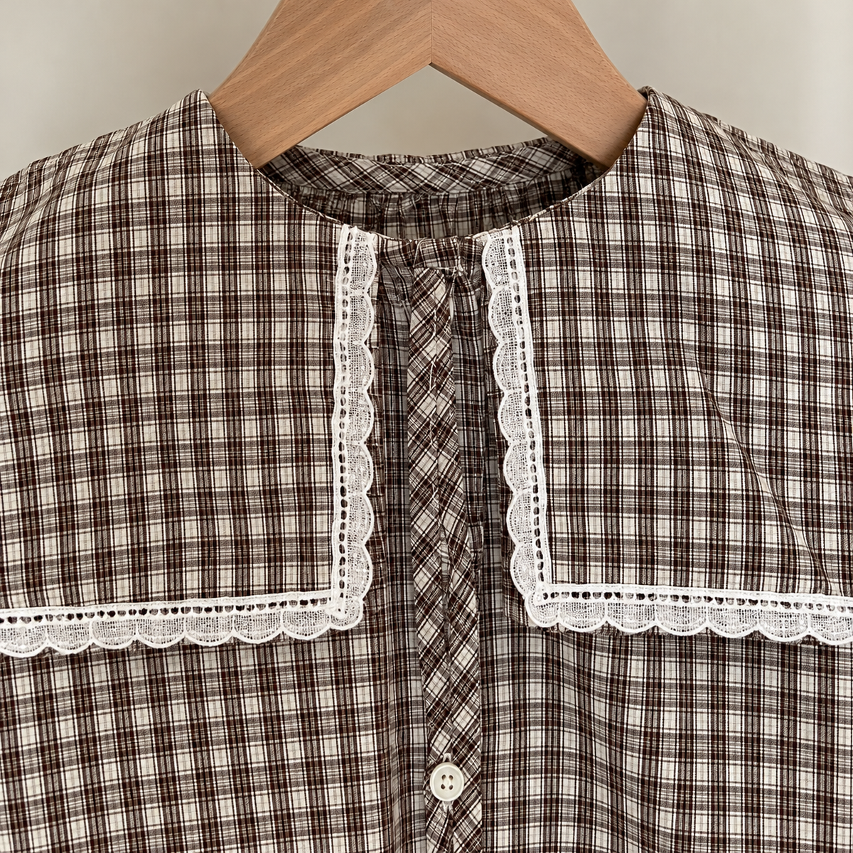 Plaid blouse oversized square collar with white scalloped lace detail.