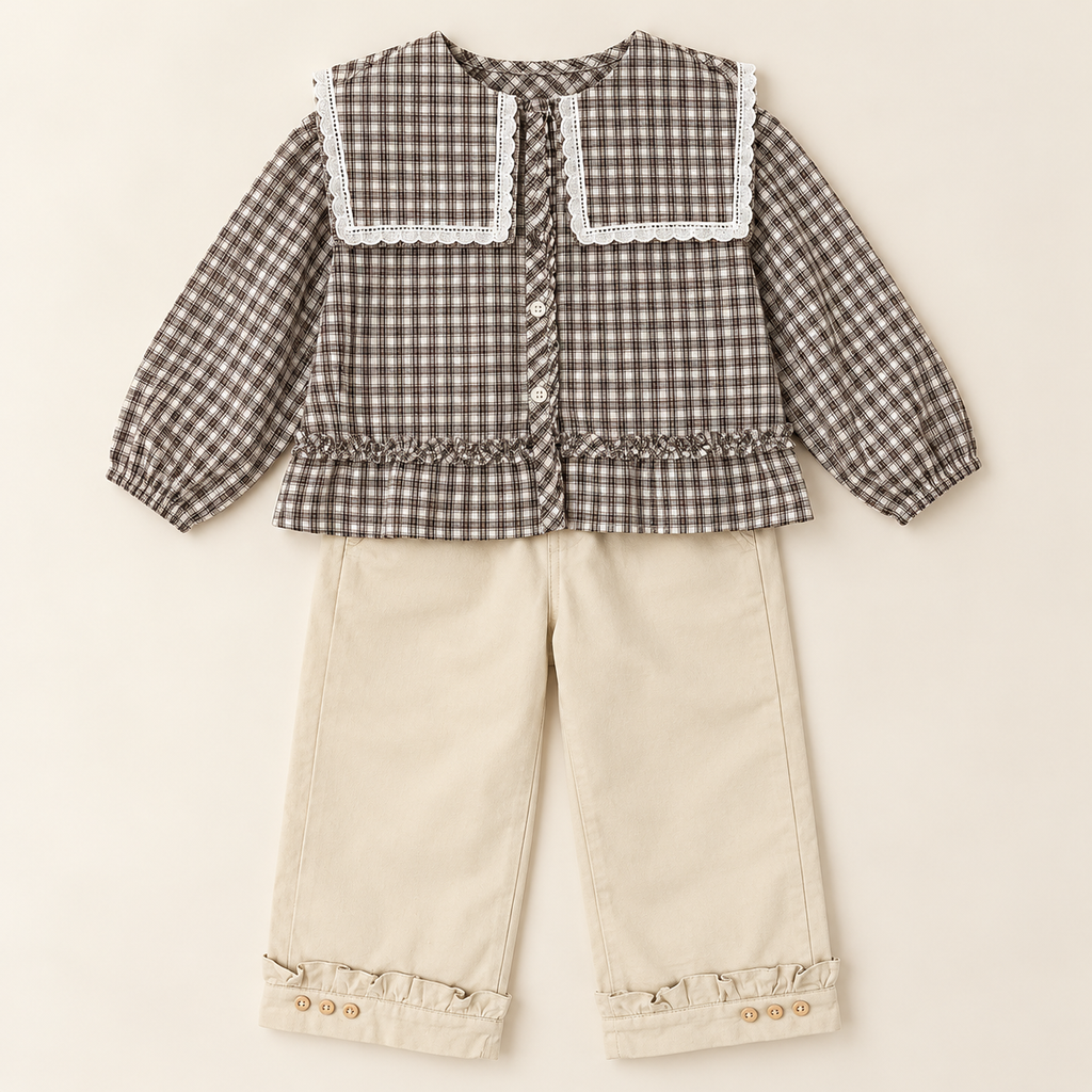Two-piece outfit with lace collar plaid blouse and cream trousers.