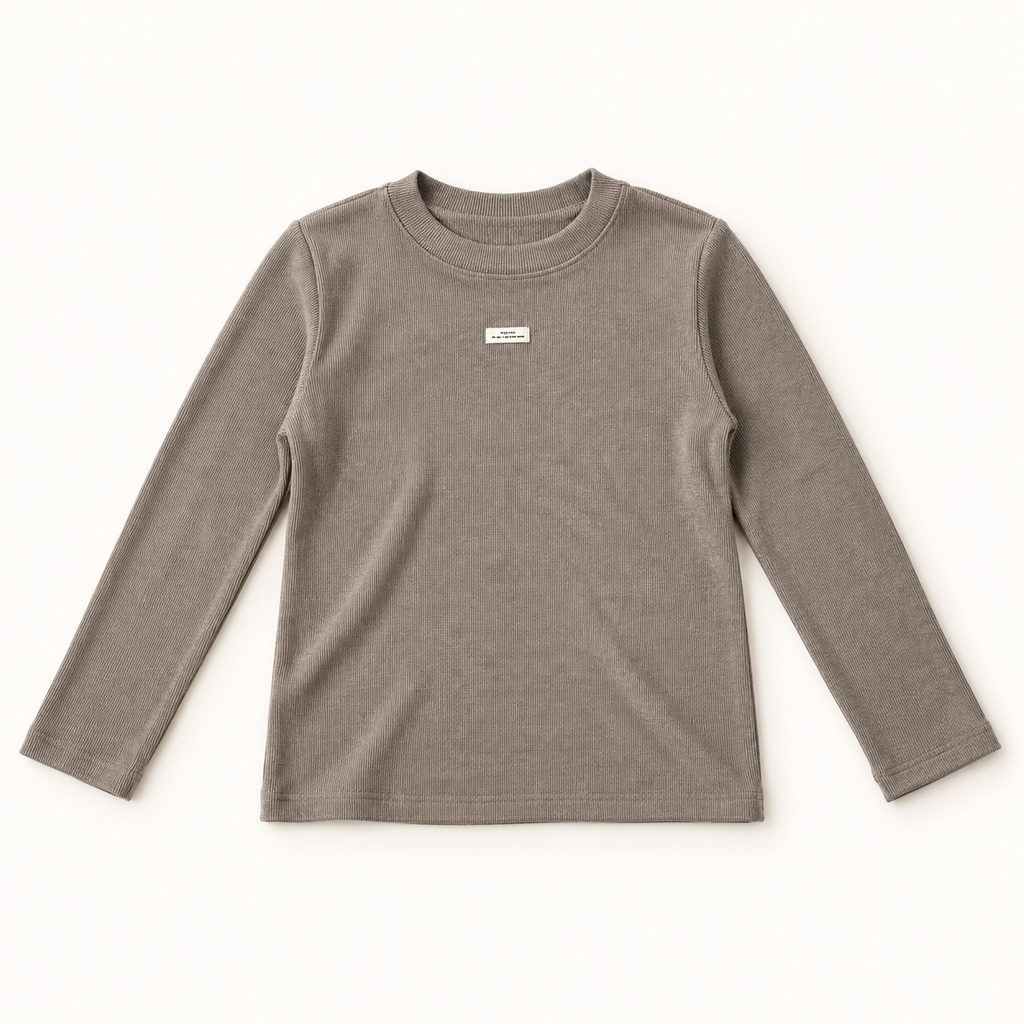 Taupe ribbed long sleeve inner top, standalone front view with neckline upright.