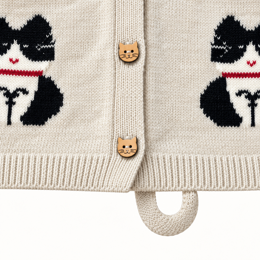 Ivory cardigan ribbed hem, cat-face buttons and knitted loop detail.