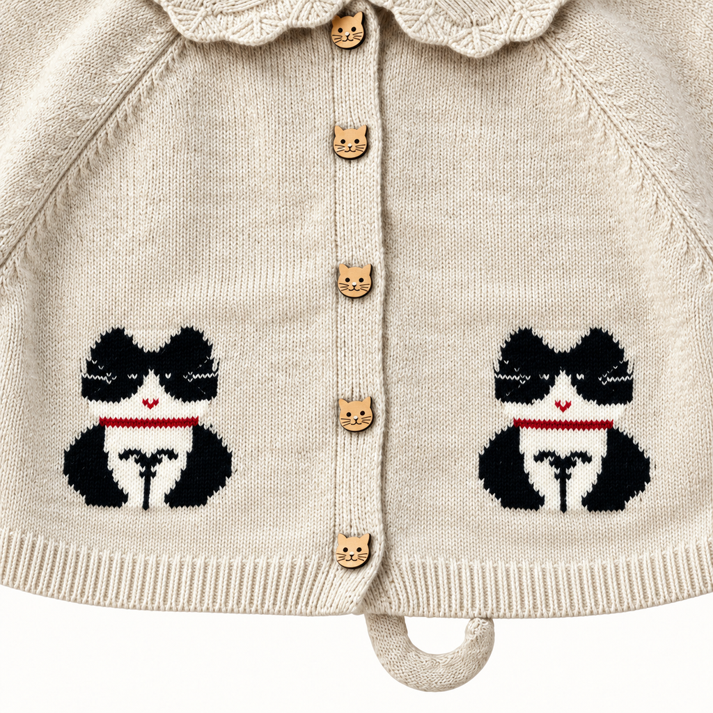 Ivory cardigan animal knit motifs and fabric detail.