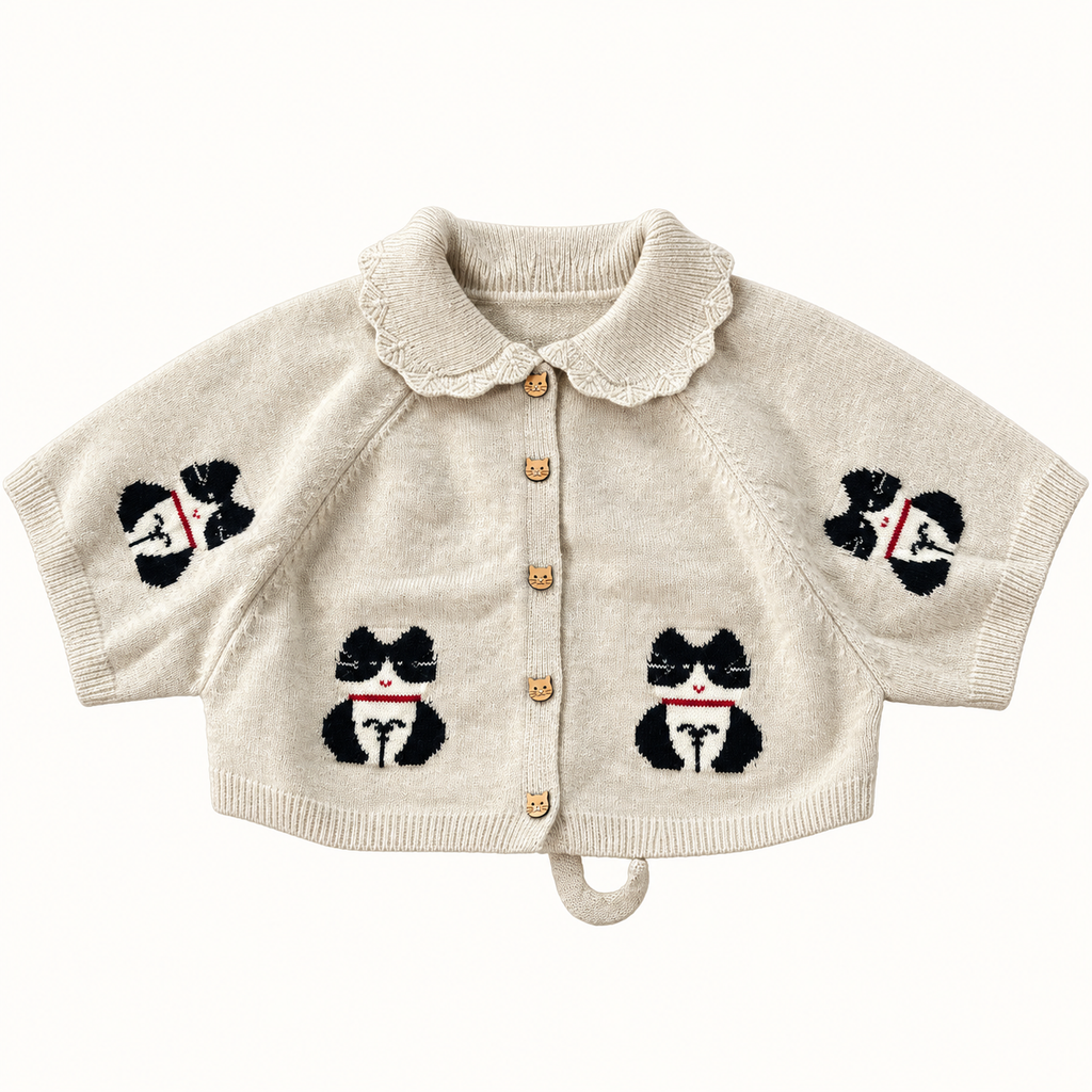 Ivory animal short sleeve knit cardigan, standalone front view with neckline upright.