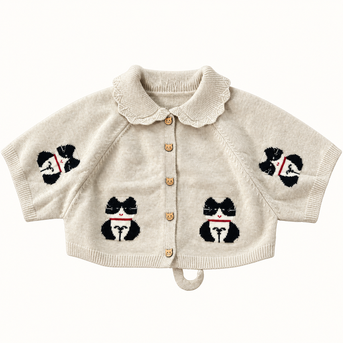 Ivory animal short sleeve knit cardigan, standalone front view with neckline upright.
