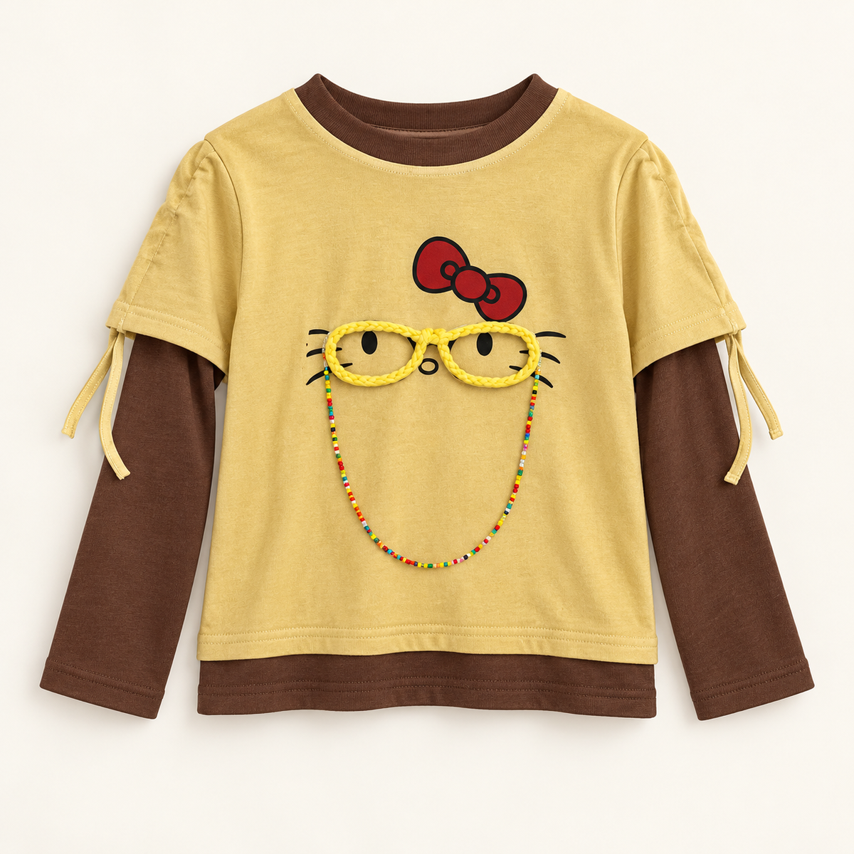 Yellow Glasses Detail Layered-Look Long Sleeve Top, front product photograph.