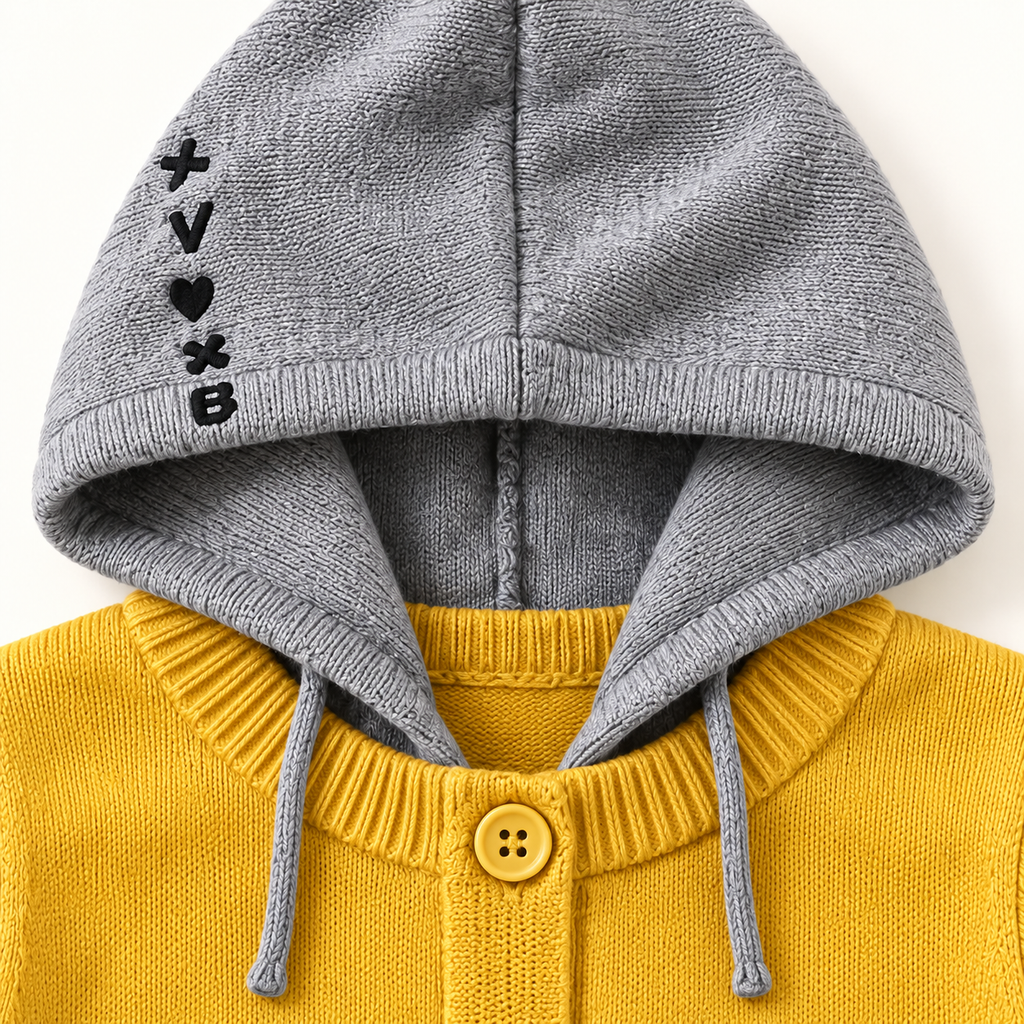 Yellow & Grey Hooded Knit Cardigan detail 1