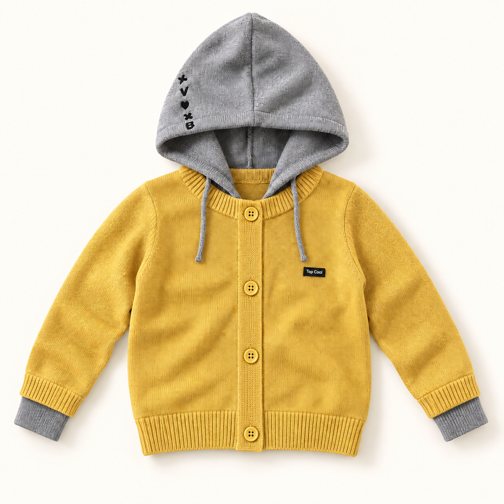Yellow children's knit cardigan with grey hood and cuff extensions