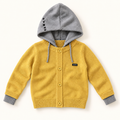 Yellow children's knit cardigan with grey hood and cuff extensions